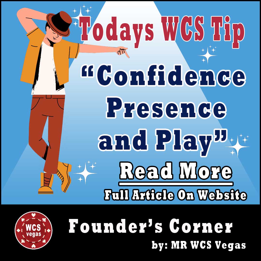 Las Vegas dancers practicing West Coast Swing confidence through playful partner connection.